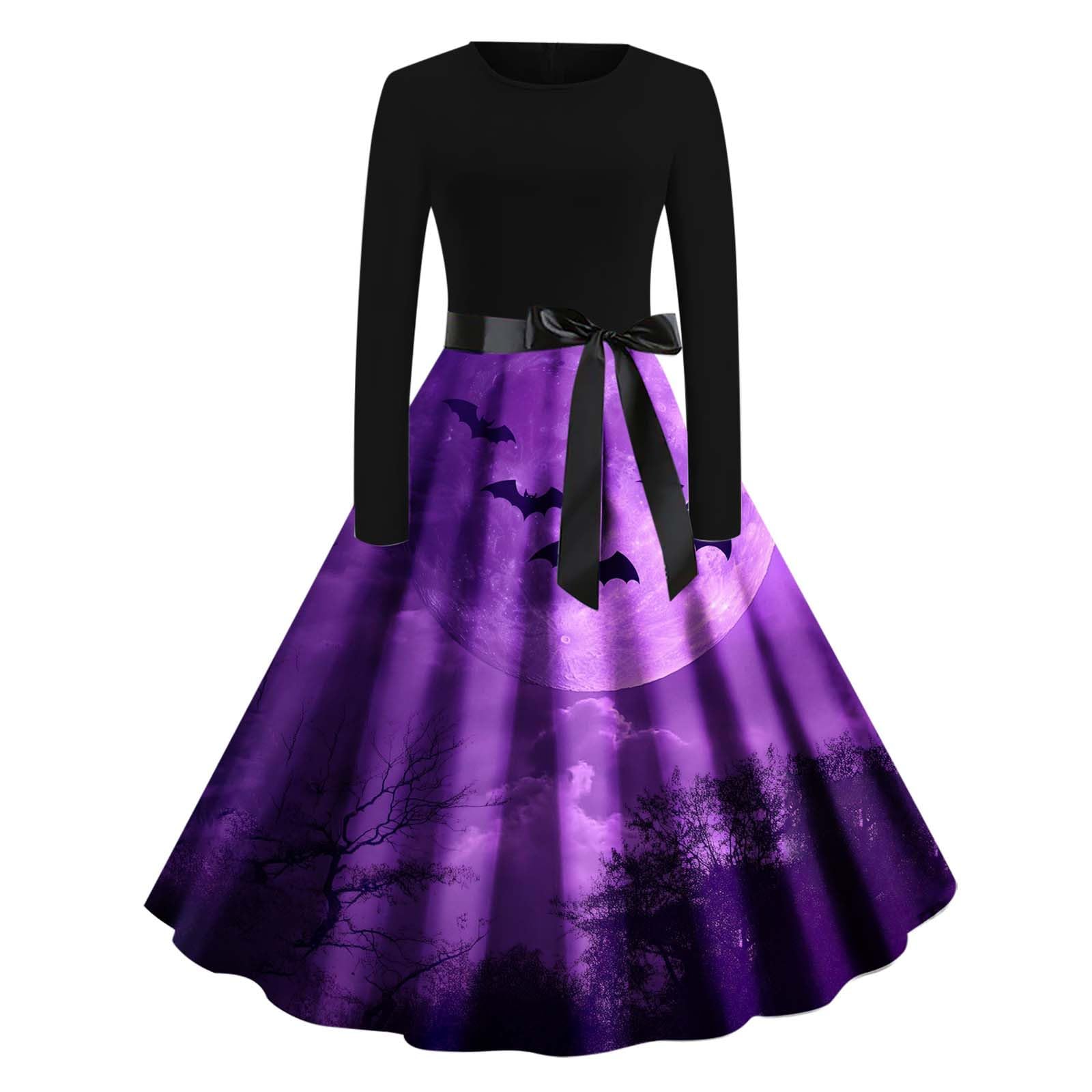 HAOLEI Halloween Costumes Adult Women, Ladies Halloween Dress Retro Pumpkin Skeleton Print Long Sleeve A Line Swing Dress Black Vintage Skull Witch Rockabilly Party Cocktail Novelty Dresses