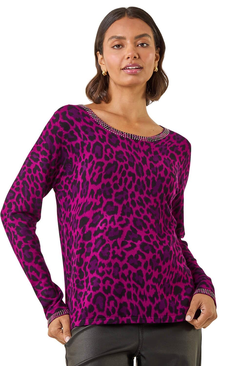 Roman Originals Women's Magenta Animal Print Embellished Trim Jumper For Uk - Everyday Autumn Winter Scoop Neckline Comfy Soft Evening Vacation Work Party Night Out - Size 16