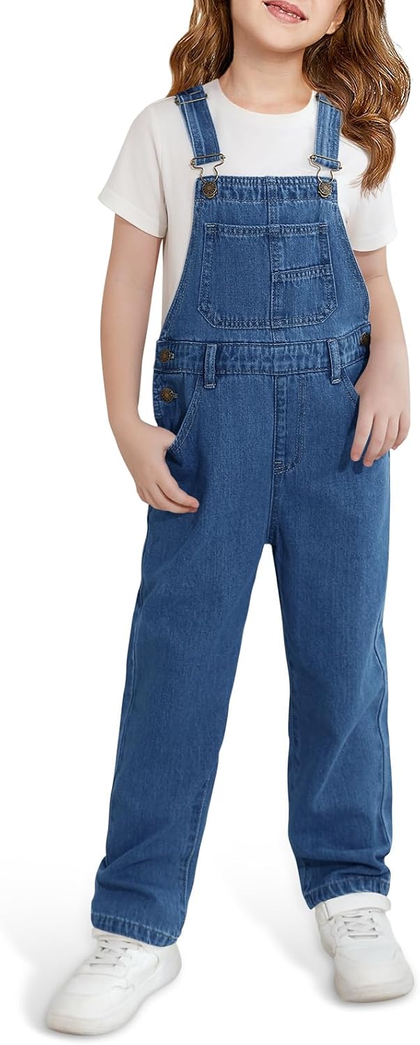 Haloumoning Girls Denim Overalls Kids Sleeveless Jumpsuits Rompers Crisscross Bib Overall with Pockets 5-14 Years