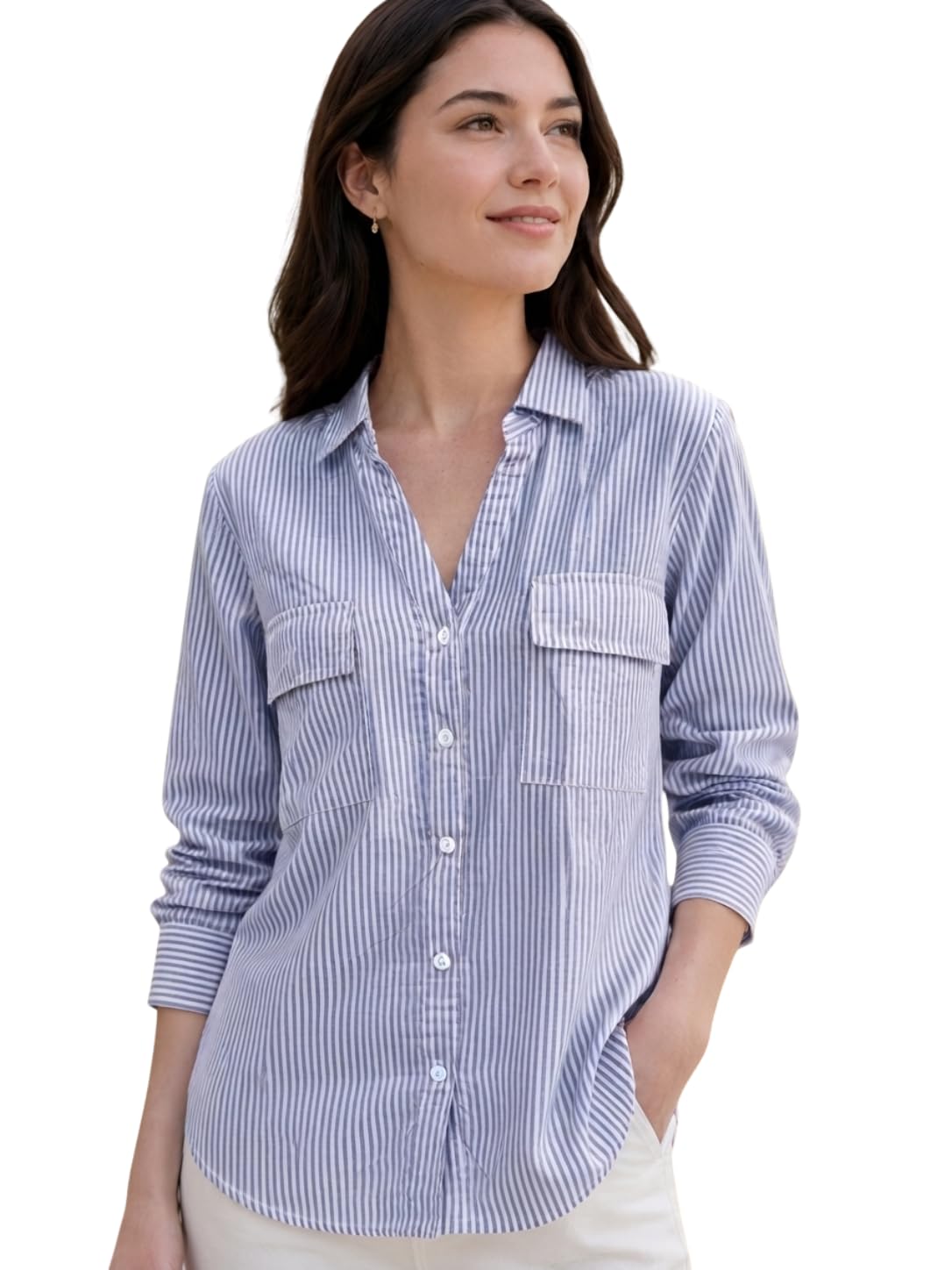 bollyclues Women's Pink & White Striped Cotton Shirt | Full Sleeve Button Down Casual Office Wear Shirt | Dual Pocket Regular Fit Formal & Casual Top for Women-picture-34