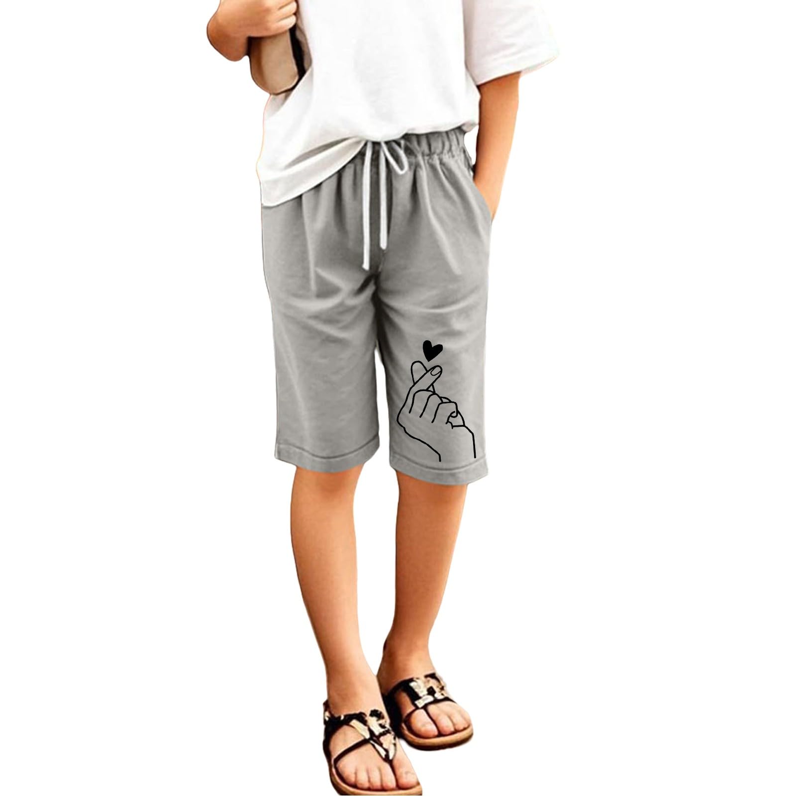 Generisch Leinenhose Kurze Mädchen Leicht Shorts Sommer Freizeit Hose Baumwolle Leinen Strandshorts Elastische Taille Sommerhose Elegant Einfarbig Stoffhose mit Taschen Sweatshorts
