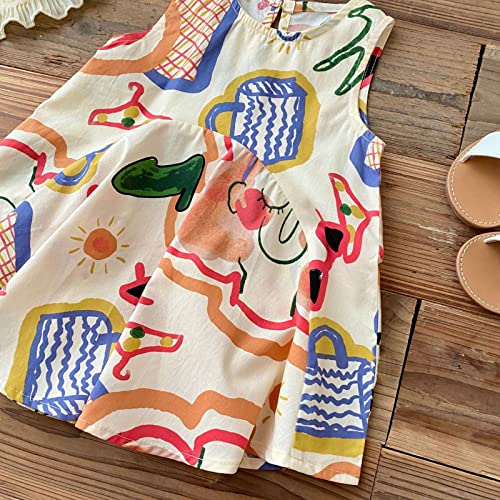 KAGAYD Girls Party Dress Kid's Girls Cotton Blend Dress Sleeveless Summer Colorful Doodle Dresses A Line Dress for 0 to 64