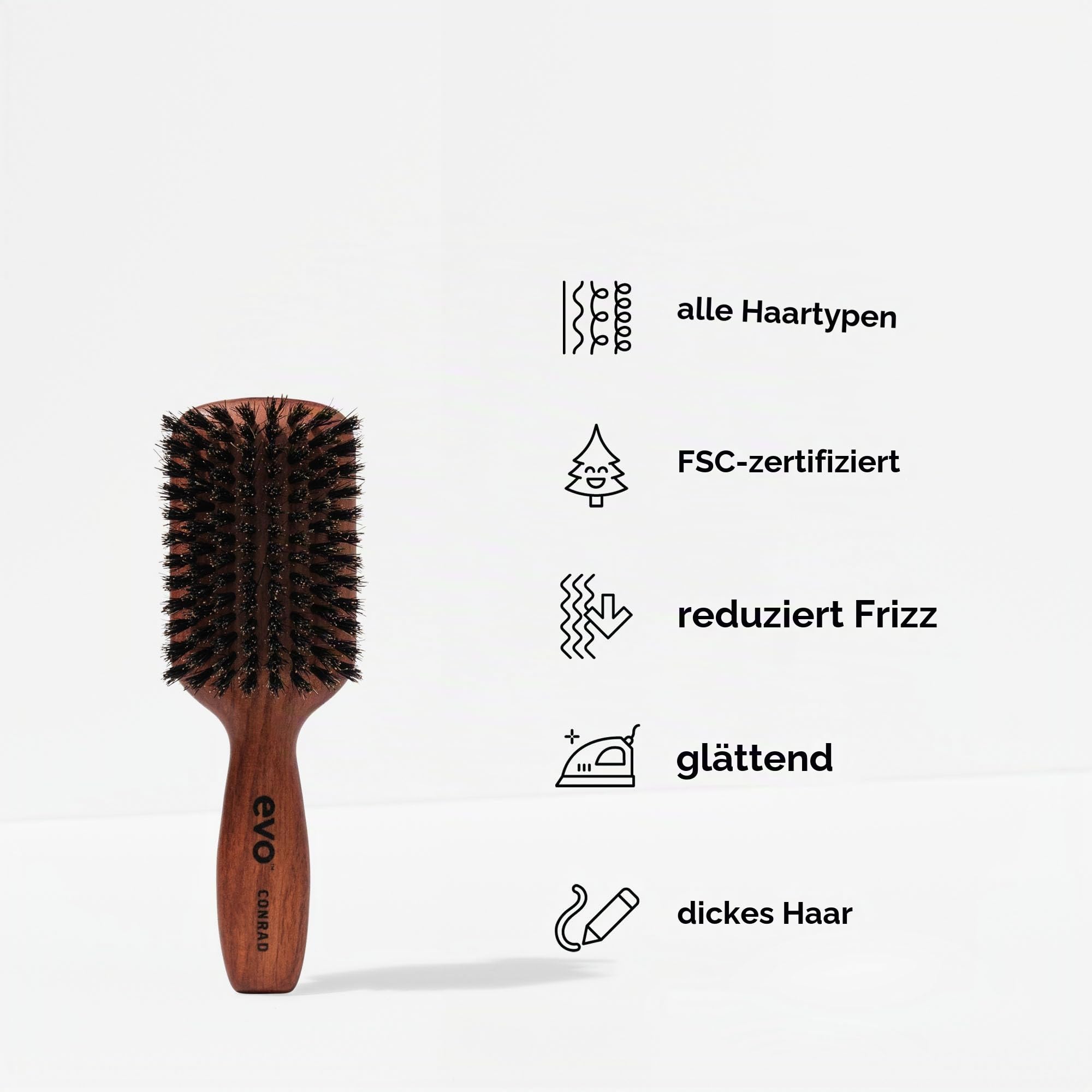EVO conrad bristle paddle brush, Stylingbürste für alle Haartypen, zum Glätten, Entwirren mit natürlichen Wildschweinborsten, Haarbürste Frauen, Damen, Herren I aus zertifiziertem Holz hergestellt