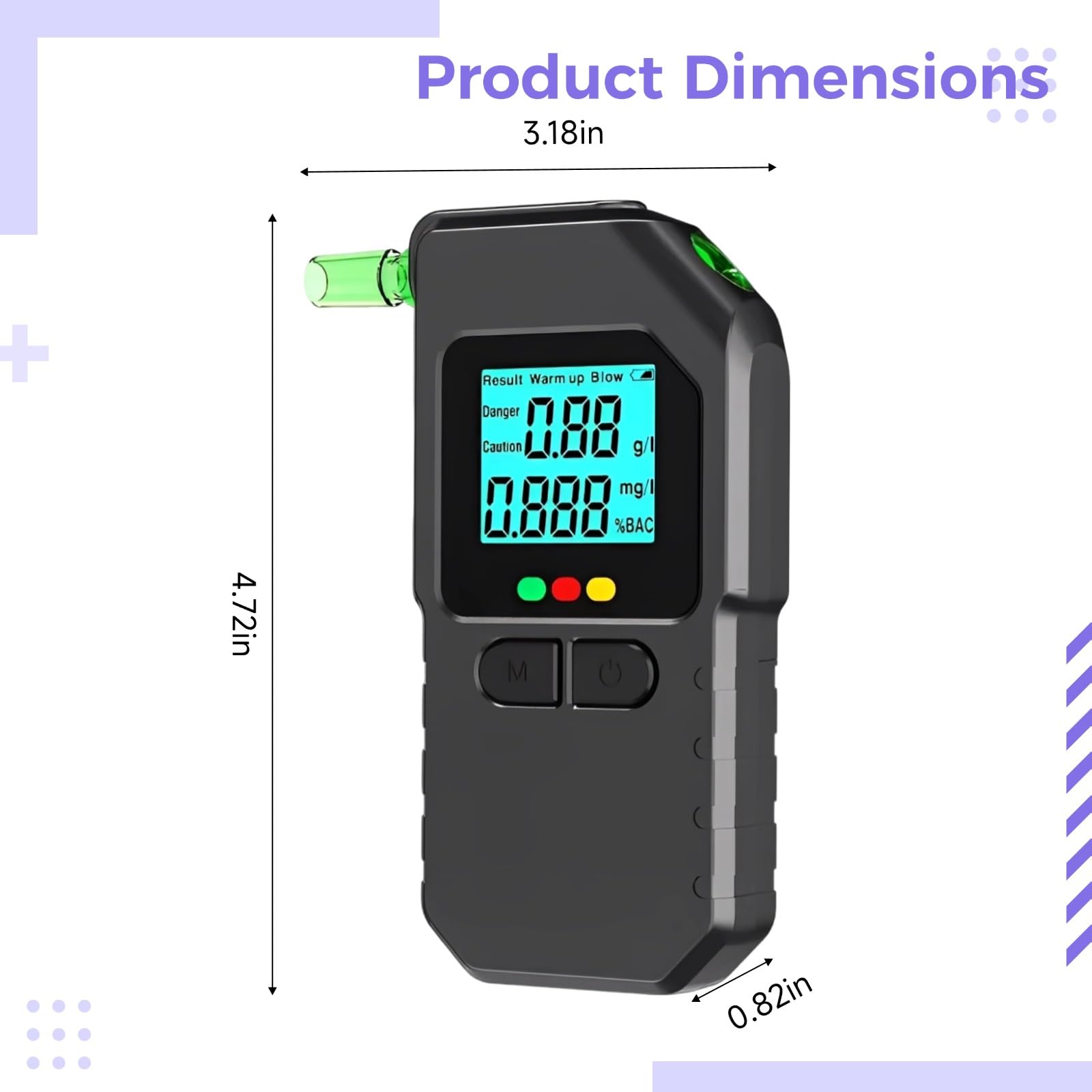 Alkoholtester, tragbares Atemalkoholmessgerät mit präziser Anzeige in Sekunden, digitales LCD-Display, 5 austauschbare Mundstücke, FCC-, CE- und RoHS-geprüft, 120 x 61 x 21 mm