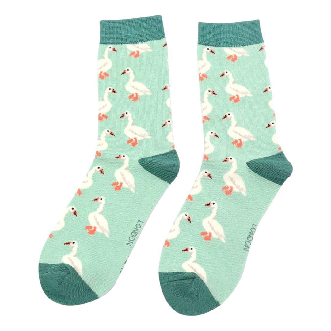 White Ducks on Mint Green Ladies Novelty Ankle Socks Adult One Size