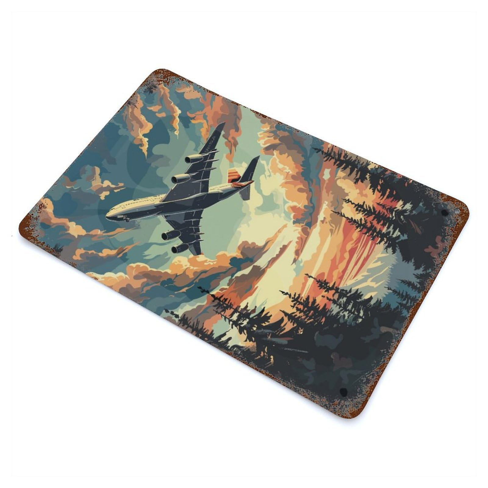 Distressed Metal Wall Sign A380 Plane Flying Sky Tree 11.8"x7.9", Vintage Wall Decor for Garage, Bar And Workshop Decor