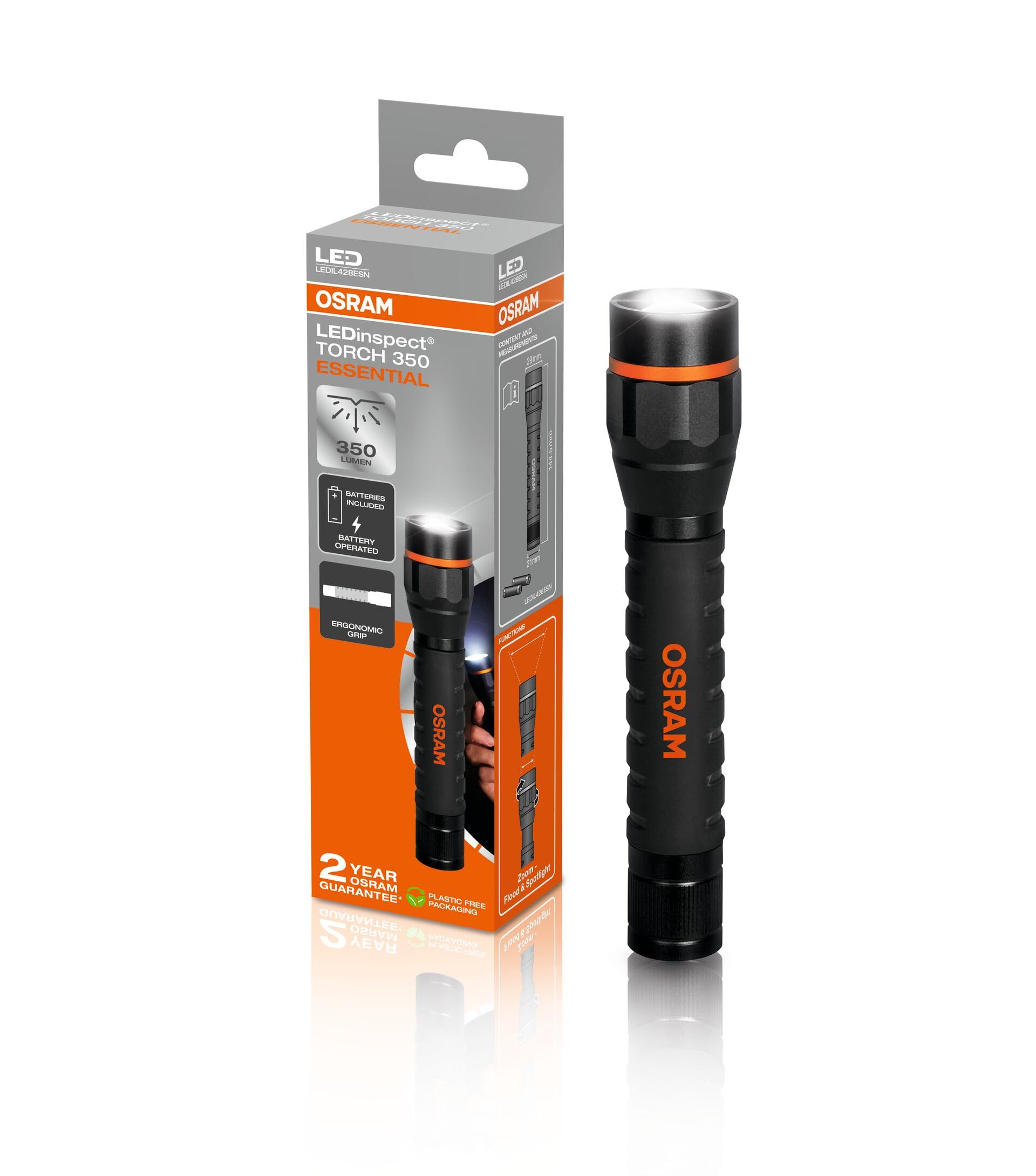 OSRAM LEDinspect Torch 350 Essential, Zoom Function, 350lm Brightness, 6500K, 3 Light Modes, LED Inspection Torch