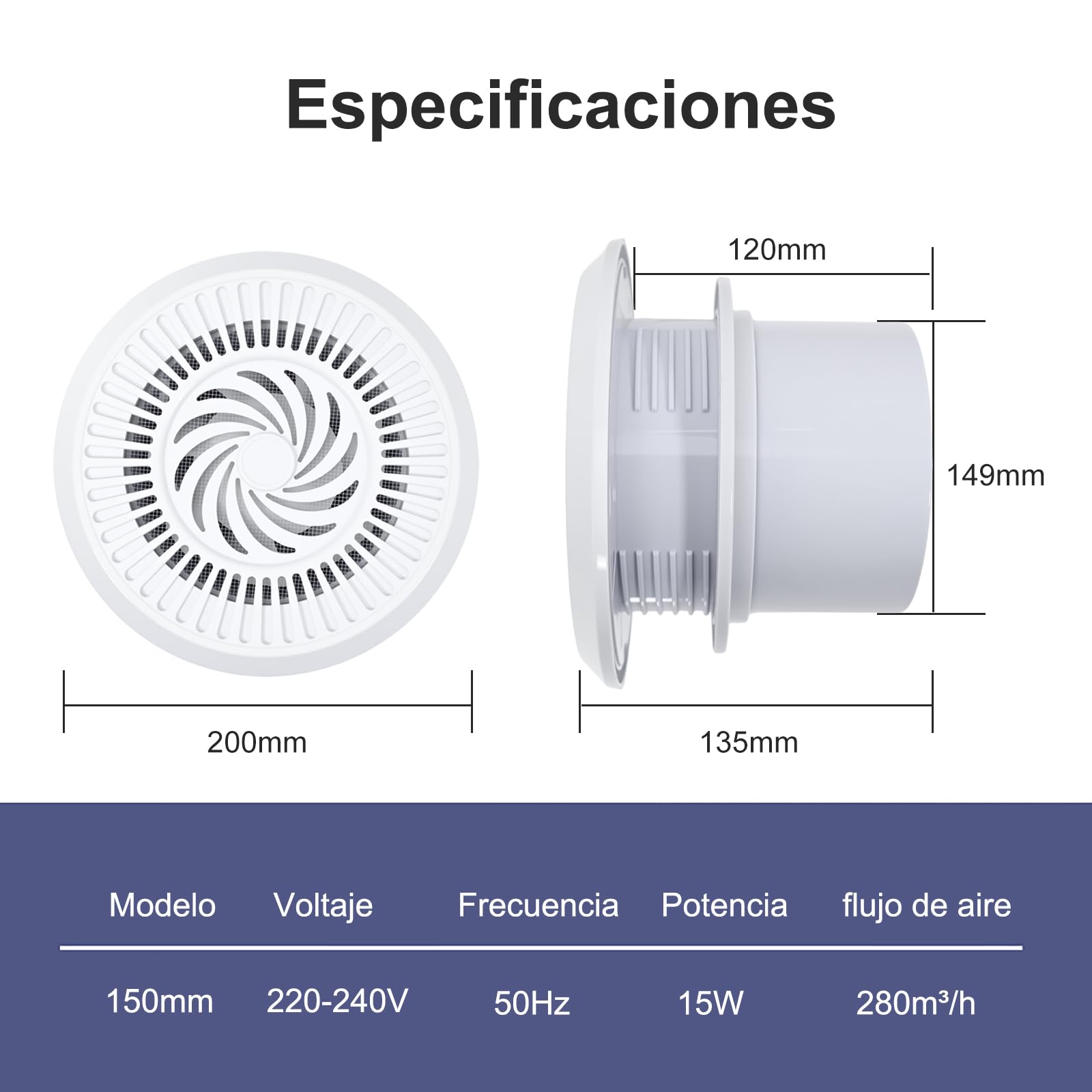 Ventilador de extracción 150mm 280m³/h 15W reversible de dos vías