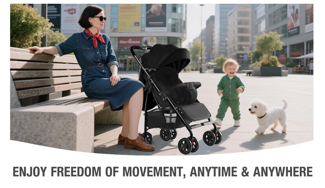 Reenborn Ultraleggero Passeggino di Soli 4,6 kg con Posizione Sdraiata Regolabile, Passeggino da Viaggio Pieghevole, Passeggino Compatto Fino a 15 kg, Carrozzina per Neonati Portatile (A8 Black)