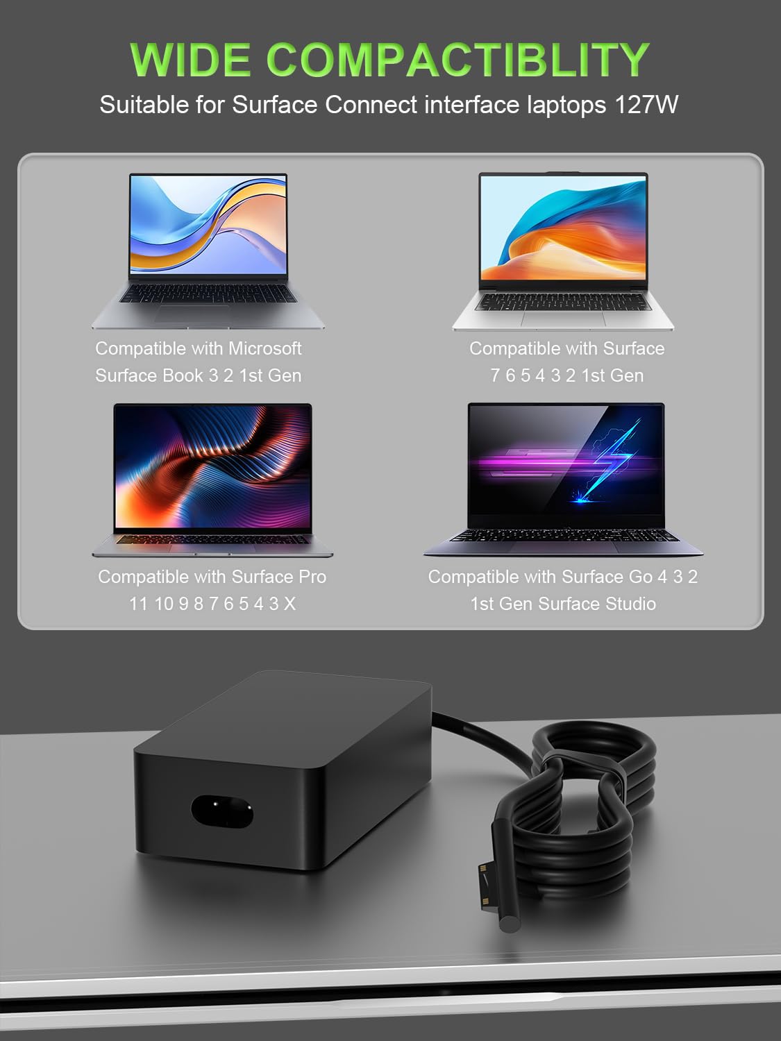 127W Caricatore Compatibile Con Microsoft Surface Studio Go 1 2 3 Book 3 2 1 Laptop 7 6 5 4 3 2 1 Surface Pro 10 9 8 7 7+ 6 5 4 3 X Portatile Adattatore Di Ricarica