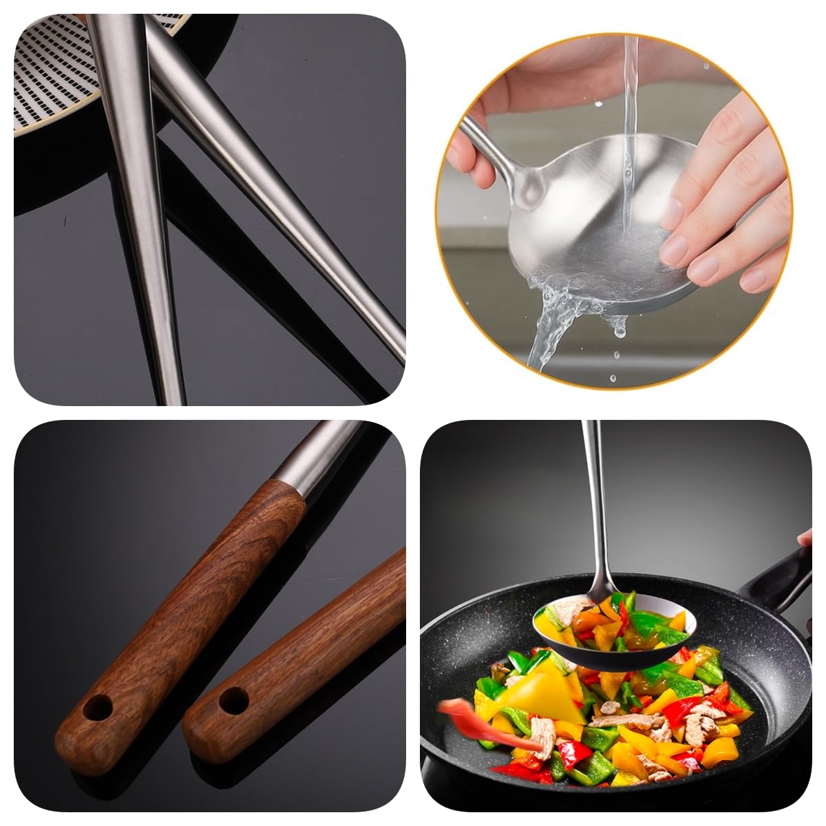 SLWHYZL Soup Ladle, 16.14 x 3.94 Inches Stainless Steel Wok Ladle Spoon with Padauk Wood Ergonomic Wooden Handle for Cooking Kitchen Use