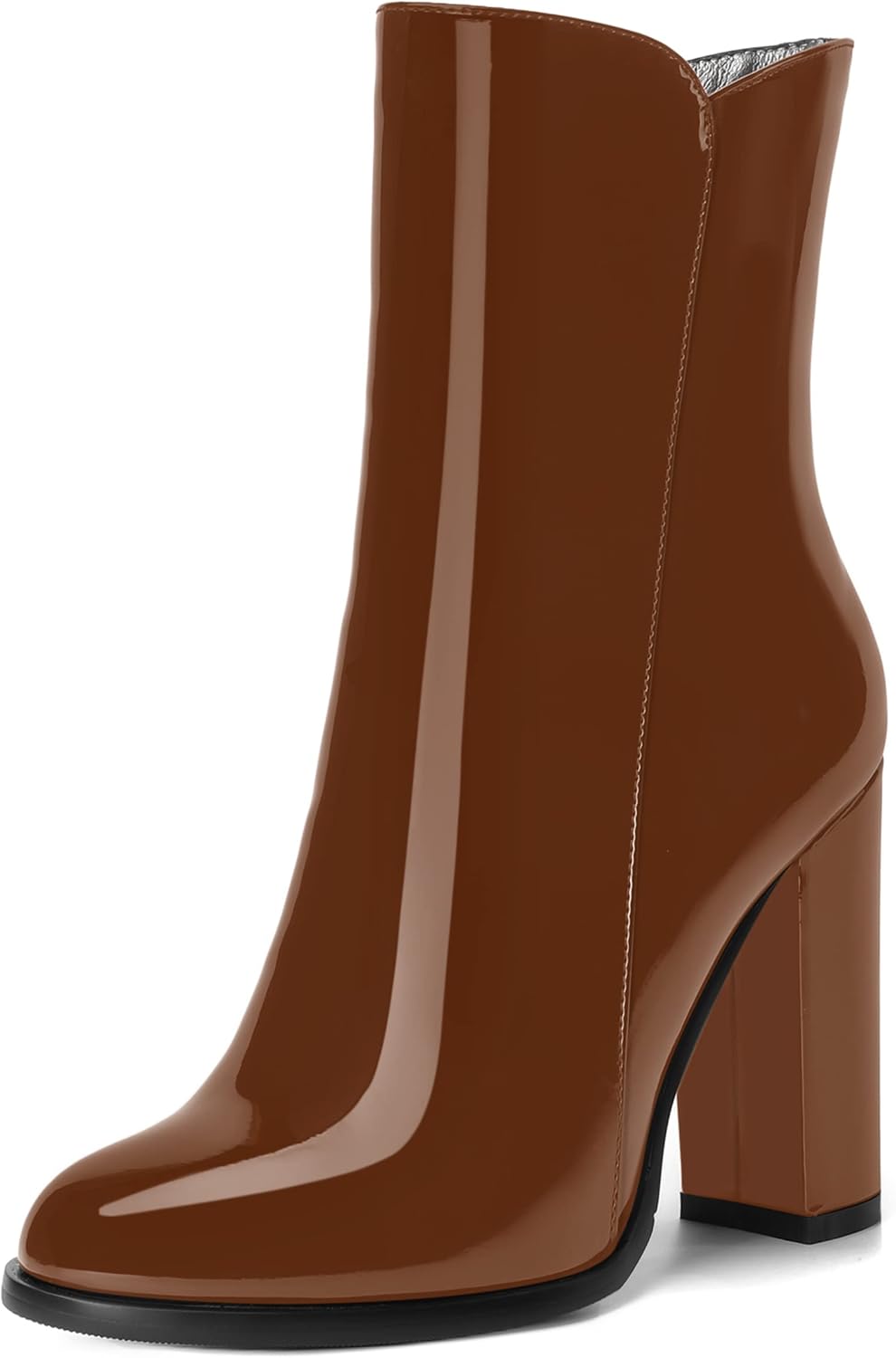 NUMALEO Womens Patent Zip Sexy Round Toe Party Block High Heel Ankle High Boots 4 Inch