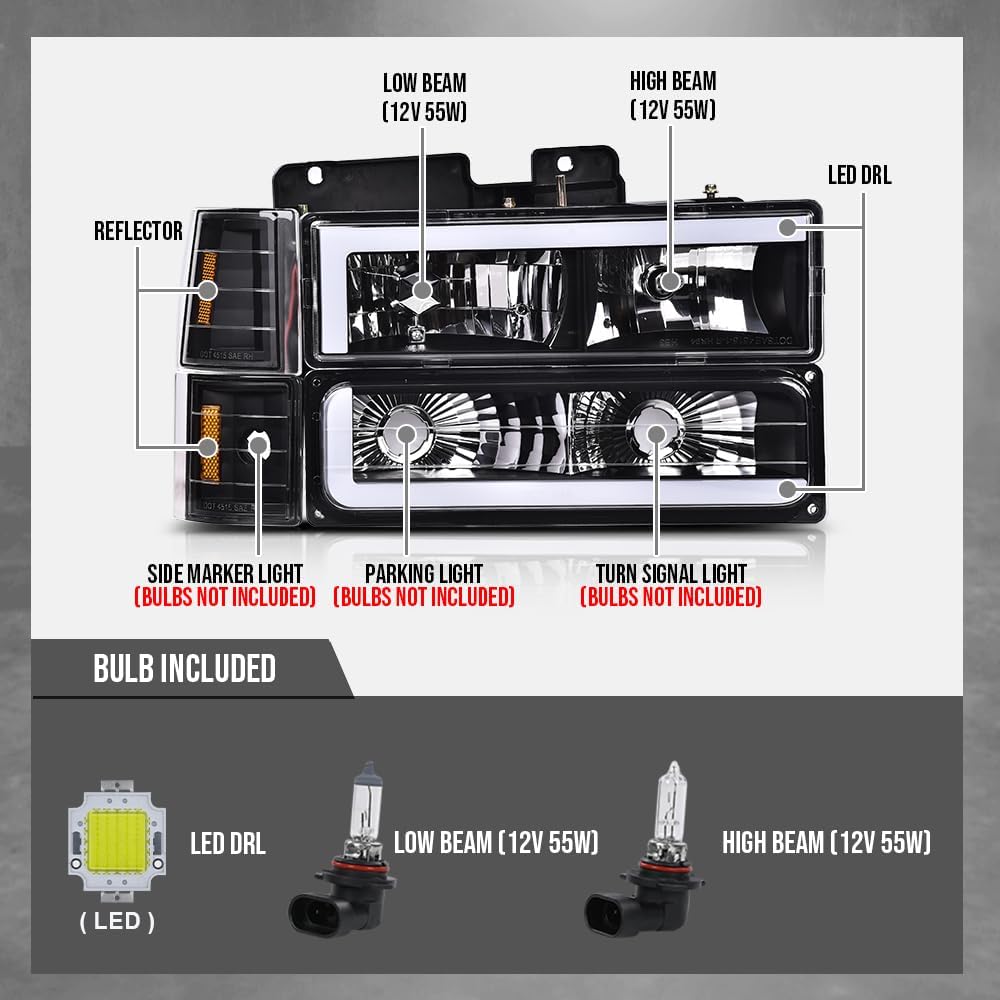 G-PLUS LED Headlights Assembly w/Bulbs Fit GMC C1500 K1500 Yukon 1994-1999, Fit GMC C2500 C3500 K2500 K3500 1994-2000, Left & Right Headlamps Assembly, Clear Lens Black Housing Amber Reflector