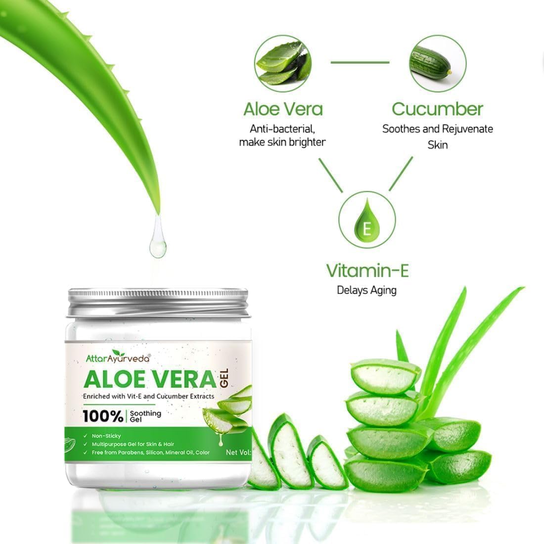Natural Aloe vera gel for Face, Skin & Hair (200 ml) | With Vit-E and Cucumber extracts | Non-Sticky, Free from Parabens, Silicon, Mineral oil