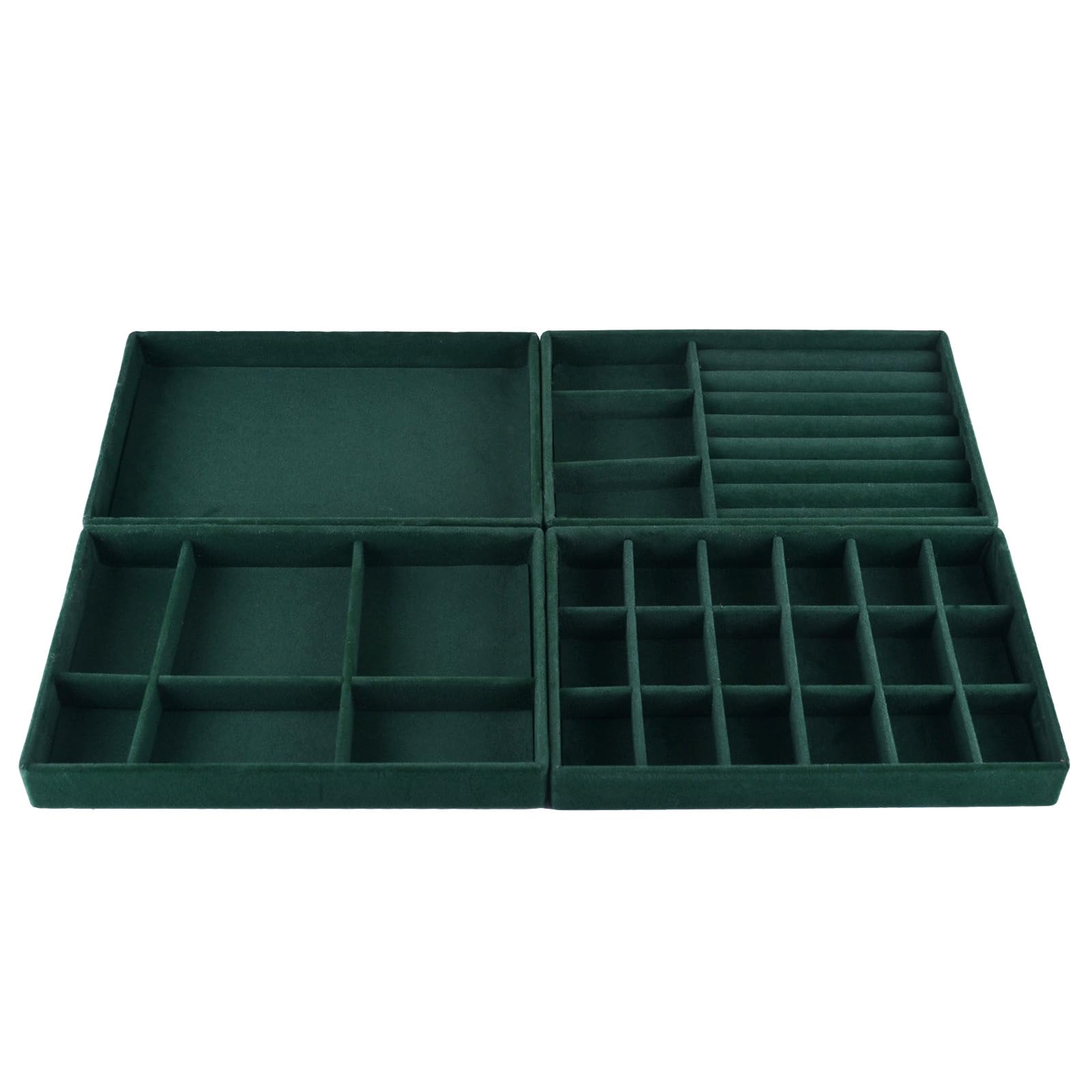 Organiseur de bijoux empilable en velours vert avec plateaux modulaires pour tiroir