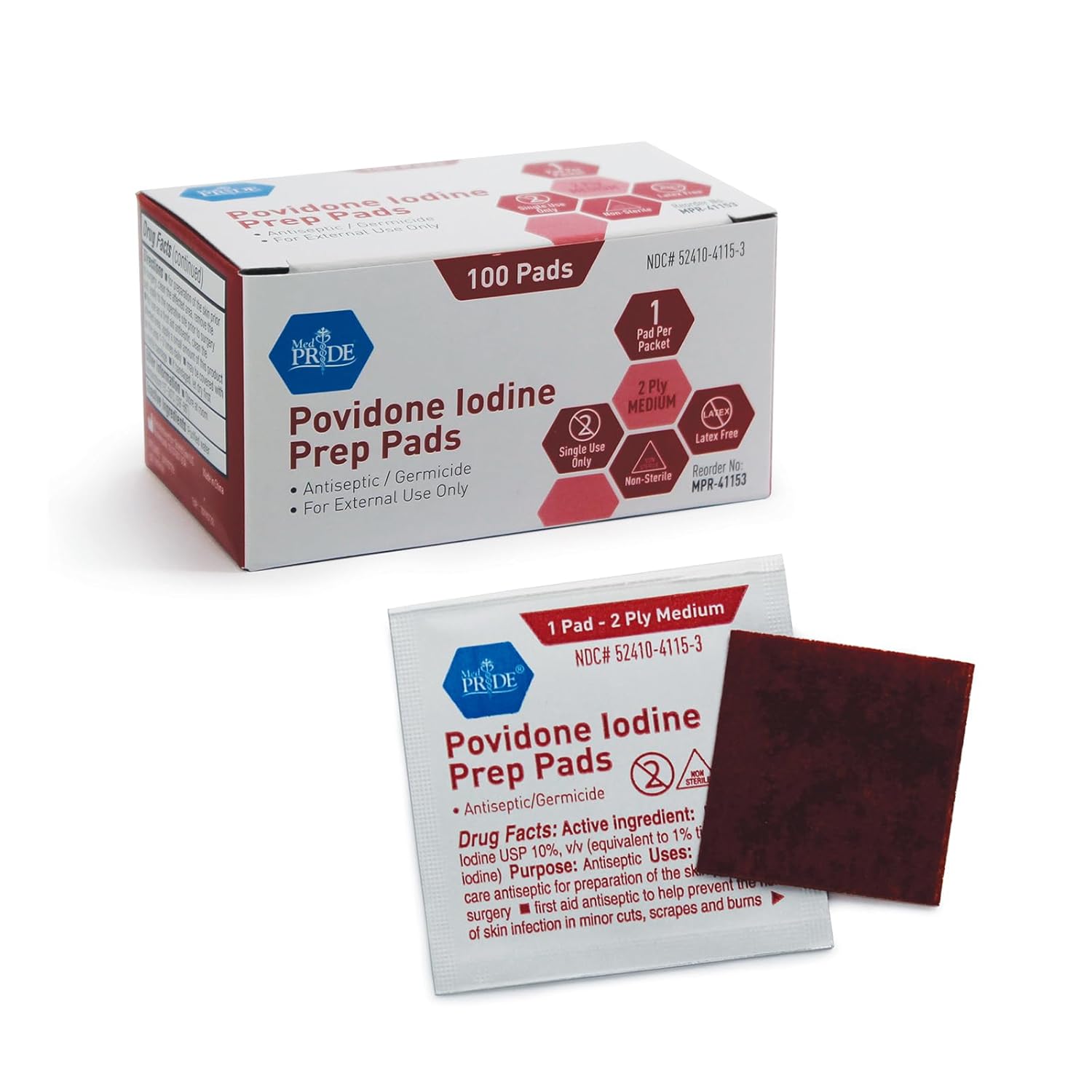 MED PRIDE Povidone Iodine Prep Pads For Wounds [Box of 100] Individually Wrapped