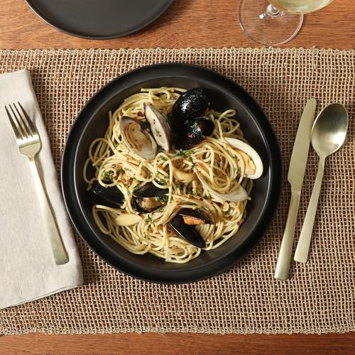 Image of Gibson Elite Overbrook 16-Piece Pottery Clay Stoneware Dinnerware Set - Black Reactive Glaze, Stackable Plates and Bowls W /Pasta Bowl, Service for 4 - Microwave & Dishwasher Safe