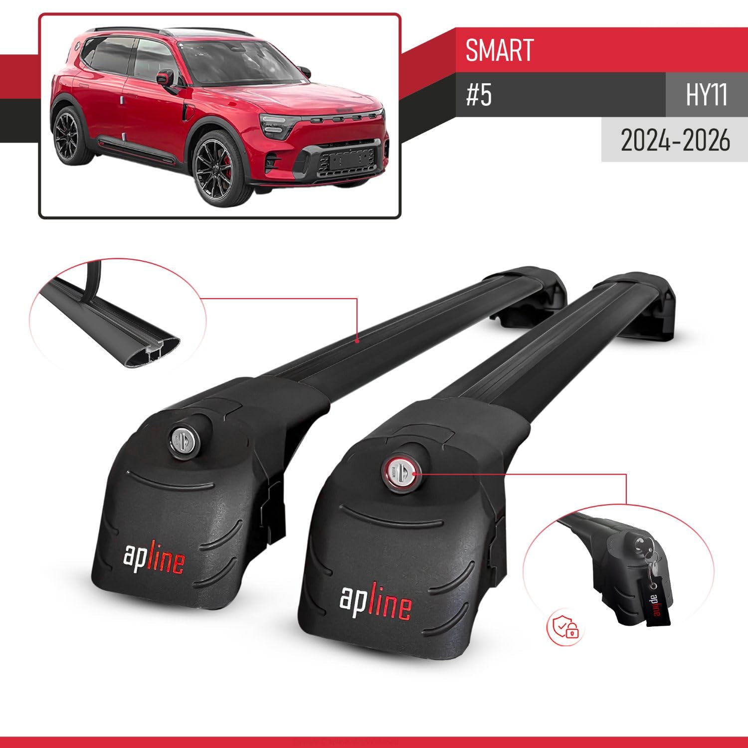 Kompatibel mit SMART #5 (HY11) 2024-2026 ACE-2 Typ Relingträger Dachträger Auto Gepäckträger Schwarz Aluminium Barren