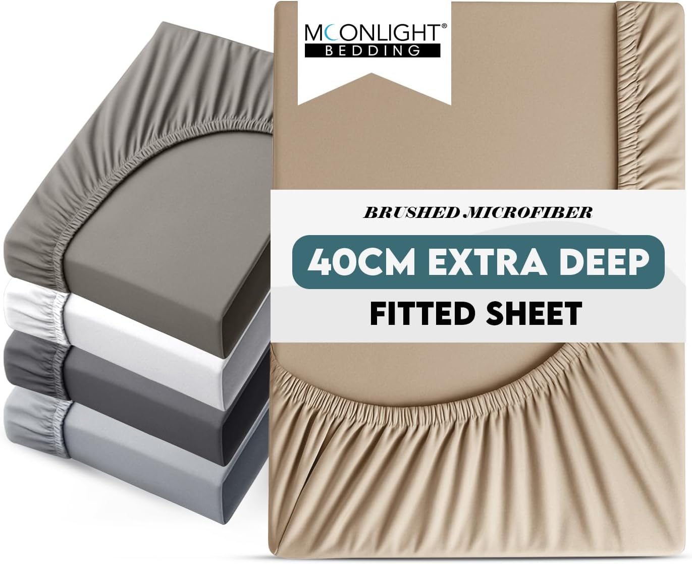 Moonlight Bedding Fitted Sheet 40 Cm Extra Deep Pocket Bed Sheets 16 inch Ultra Soft Bottom Sheet Brushed Microfiber Breathable Shrinkage and Fade Resistant (Beige, King)