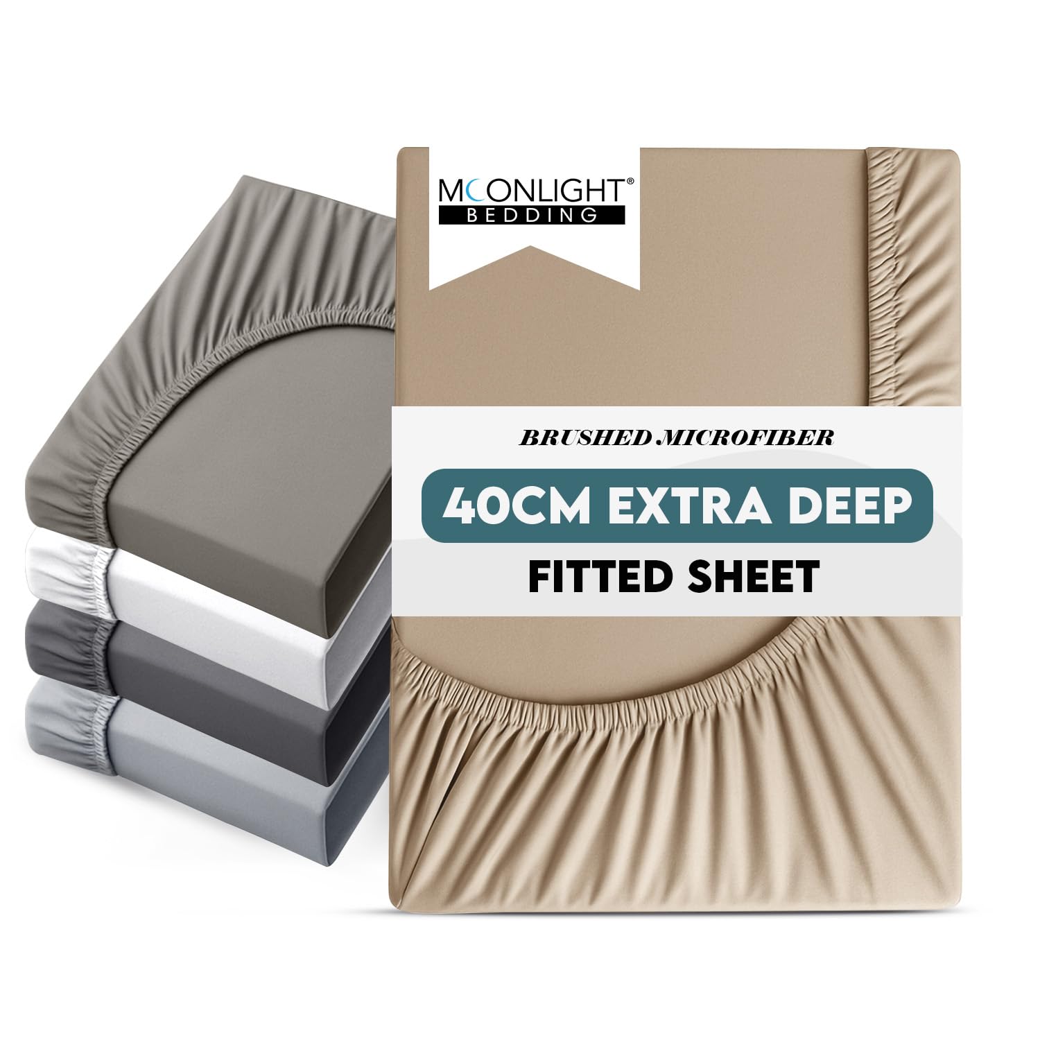Moonlight Bedding Fitted Sheet 40 Cm Extra Deep Pocket Bed Sheets 16 inch Ultra Soft Bottom Sheet Brushed Microfiber Breathable Shrinkage and Fade Resistant (Beige, King)
