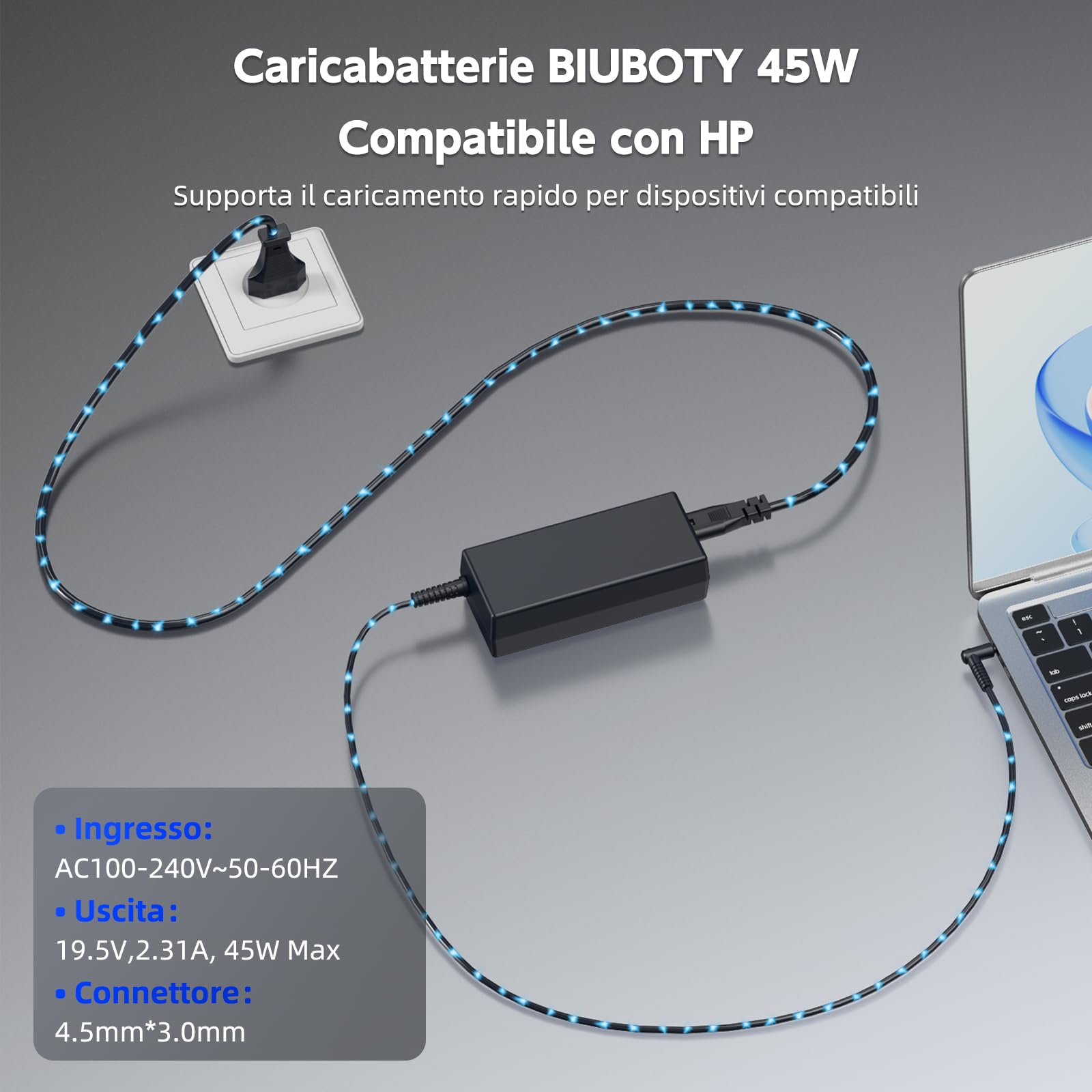 BIUBOTY 45W Caricatore PC Portatile 19.5V 2.31A Alimentatore Compatibile con HP Probook 430 440 450 455 Elitebook 840 850 250 255 G3 G4 G5 G6 G7 Pavilion X360 4.5*3.0mm