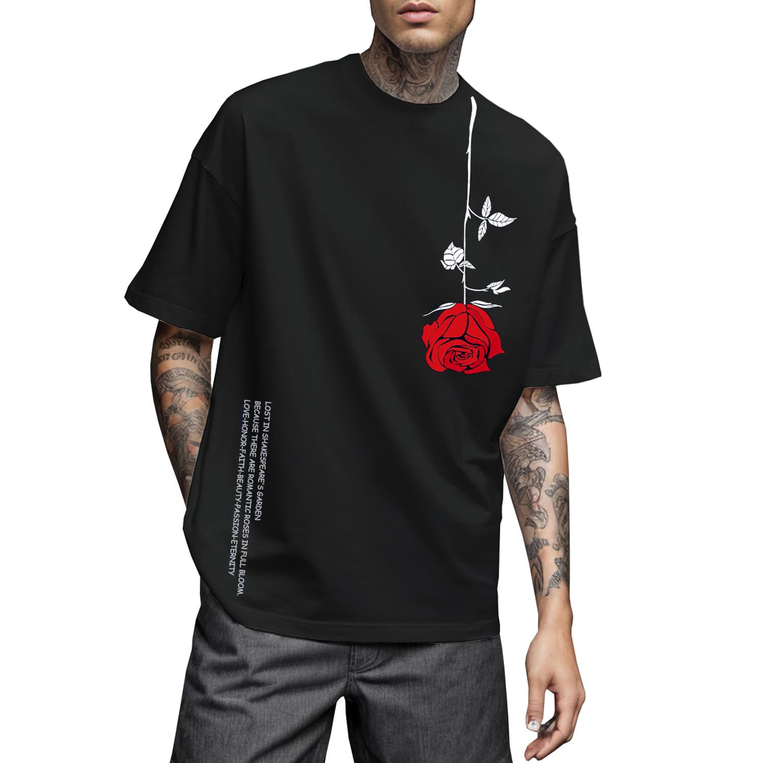 UOUA Mens Graphic Tees Vintage T-Shirts Oversized Letter Print Casual Crewneck Cotton Top Short Sleeve Rapper Streetwear