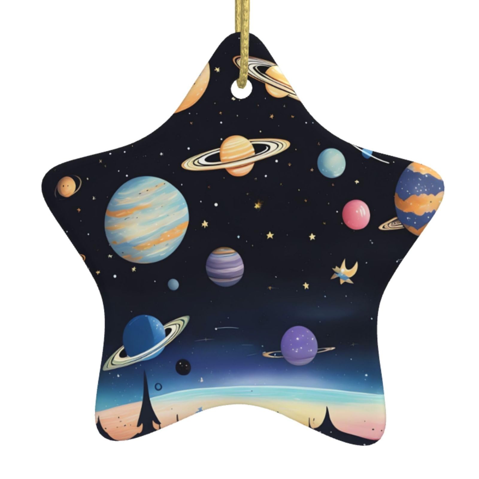 Saturn Jupiter Earth Christmas Ceramic Star Pendant with Punched Holes and Gold Wire Rope, Christmas Tree Home Decoration