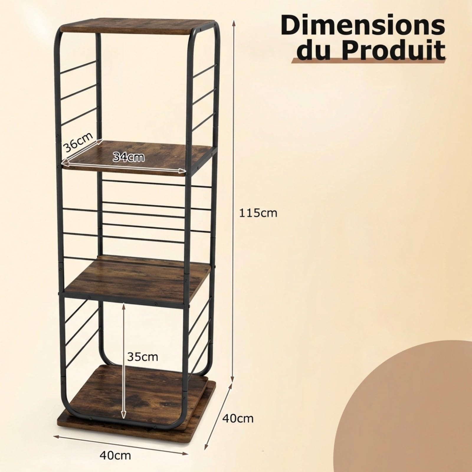 COSTWAY Meuble Rangement Vinyle à 4 Niveaux pour Disques Vinyles, Support Platine Vinyle pour Jusqu’à 210 Albums, Pivotant 360°, Meuble Tourne-Disque Vinyle en Métal, pour Salon (Marron Rustique)