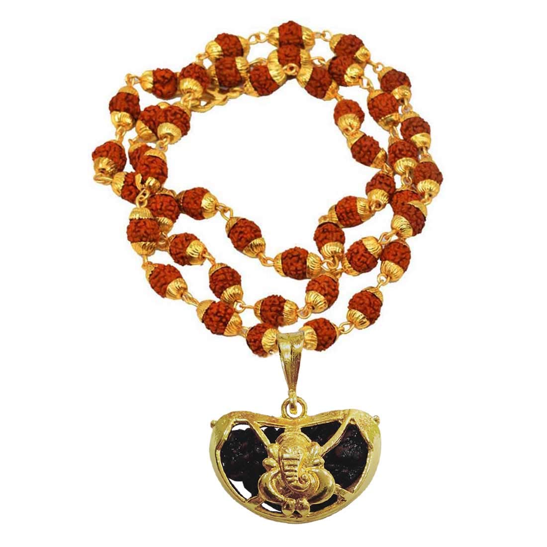 sullery Religious One Mukhi/Half Moon Rudraksha Bead in Gold Plated Trishul Cap with Gold Plated Cap Panchmukhi Rudraksha Mala 00 00 00 00 for Men and Women-picture-10