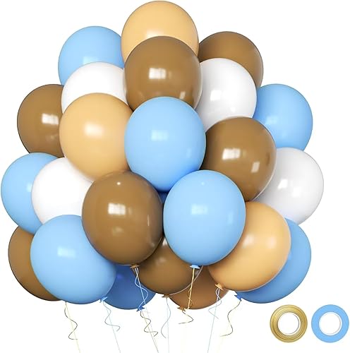 Globos de fiesta azules y marrones, 60 globos de látex de 12 pulgadas, color marrón, azul, blanco, rubor, globos neutros para revelación de género,
