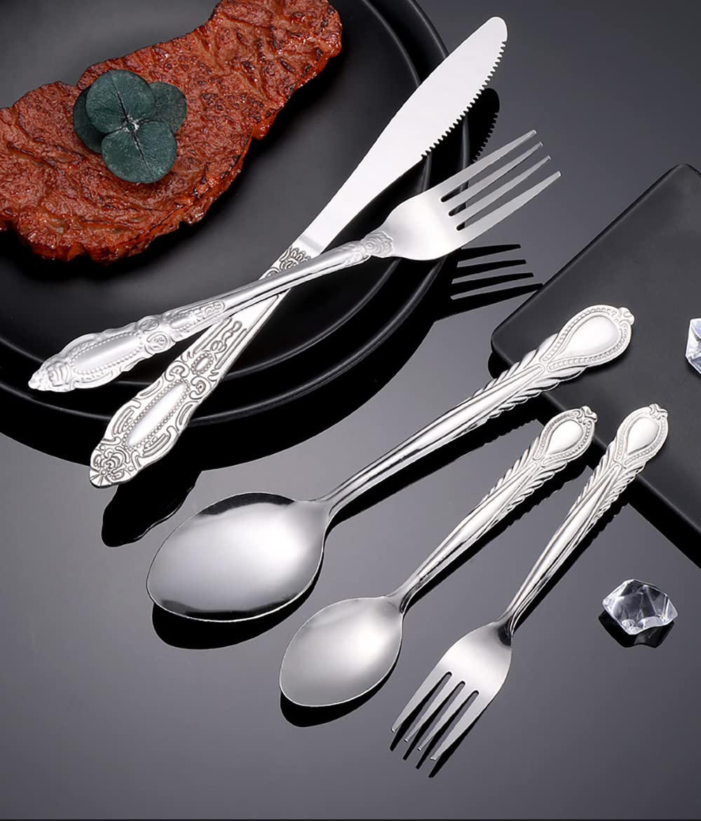 Juego de cubiertos, juego de cubiertos de acero inoxidable, plástico transparente, juego de cuchara, cuchillo y tenedor, juego de cubiertos retro de 50 piezas, cubiertos de cocina, vajilla principal d