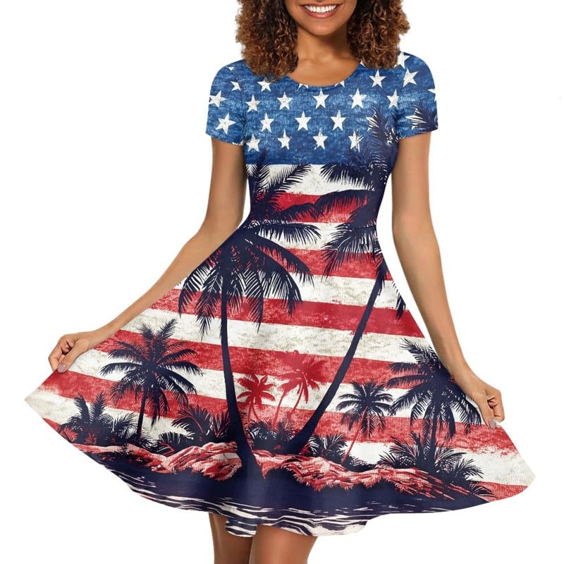Image of Irisjudy T Shirt Dress for Women Short Sleeve Girls Short Sleeve Dress Plus Size, O Neck Knee Length Midi Dress for Ladies