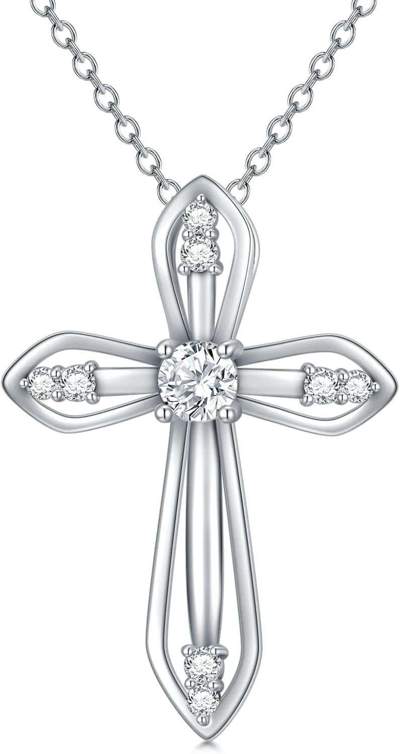 Moissanite Diamond Cross Necklace for Women,18K Gold Plated Sterling Silver Crucifix/Star of David Cross Pendant Necklace Faith Jewelry Anniversary Birthday Christmas Gift for Her Mom Wife, 18+2 Inch