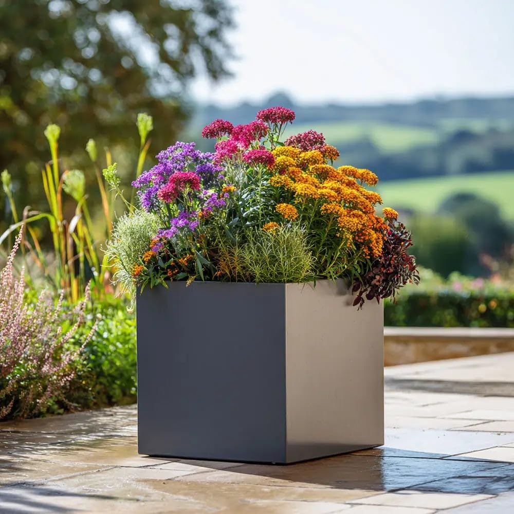 Tulipy Zinc Galvanised Square Planter with Liner | No Assembly Needed | Lightweight (Matte Grey, L40cm x W40cm x H40cm)