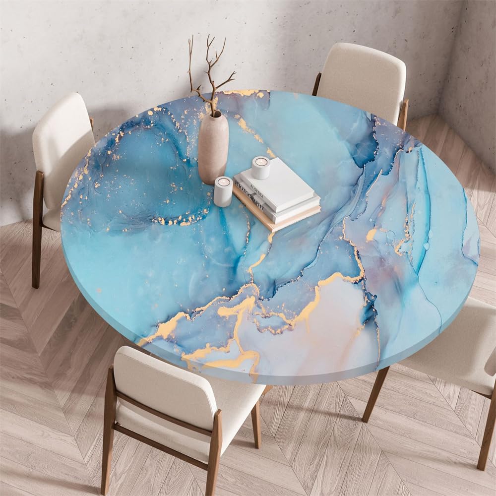 Morbuy Waterproof Elastic Fitted Round Tablecloth, Marble Oilcloth Table Cloths Stain Resistant Stretch Table Protector Cover for Home Coffee Restaurant Dining Picnic (Blue,130cm)