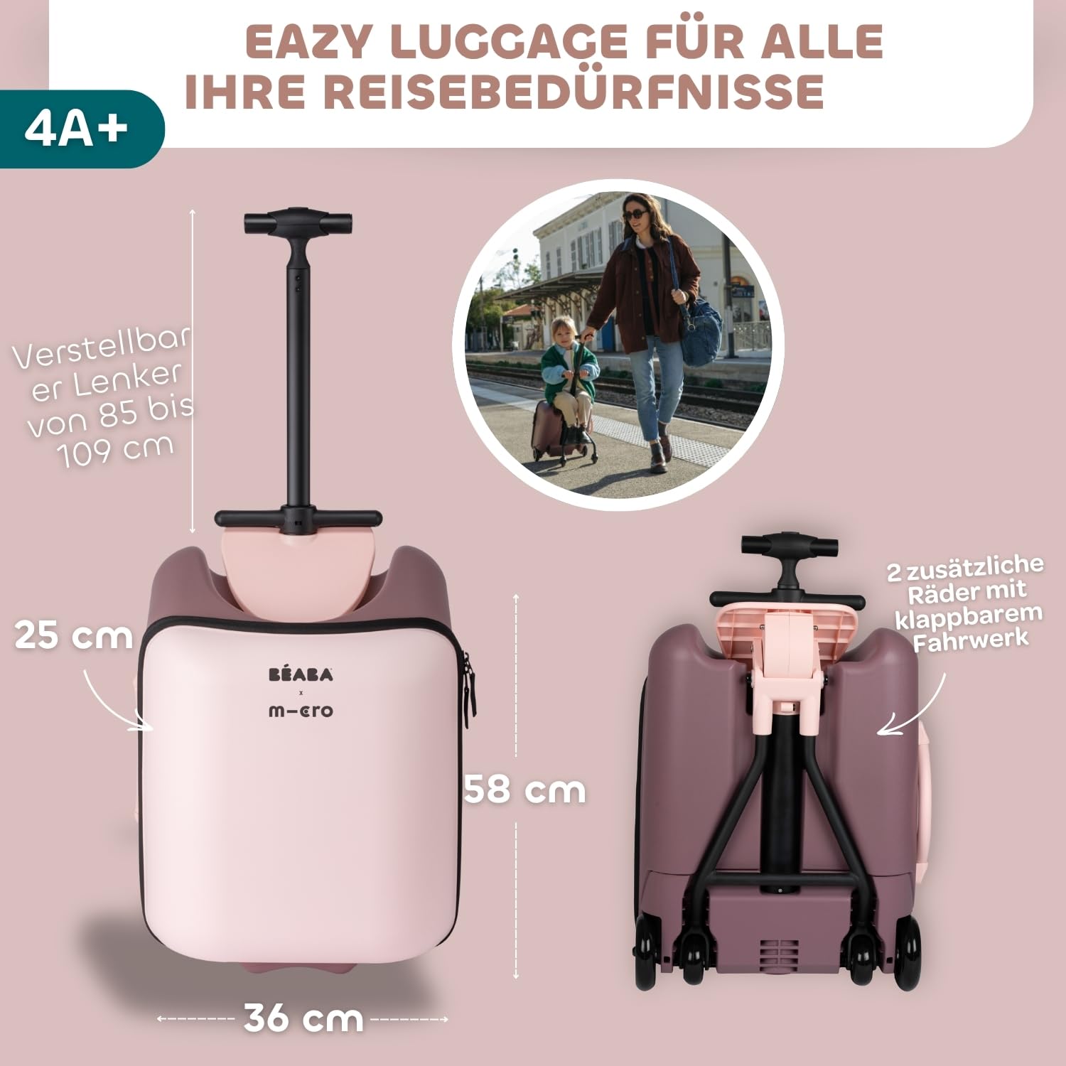 Béaba & Micro Mobility, 2 In 1 Kinder Kabinenkoffer Mit Sitz, Ab 4 Jahre, Evolutiv, Große Öffnung, 22L Kapazität, Mehrere Fächer, Praktisch, Luggage Eazy, Marshmallow