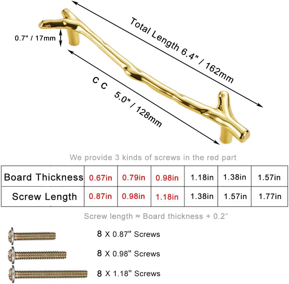 4Pcs Large Vintage Tree Twig Branch Cabinet Knobs Pulls Handles,Zinc Alloy Drawer Pull Handle for Farmhouse Cabin Mountain House Kitchen Cupboard Wardrobe (4 Pack, Hole Distance 5", Gold)