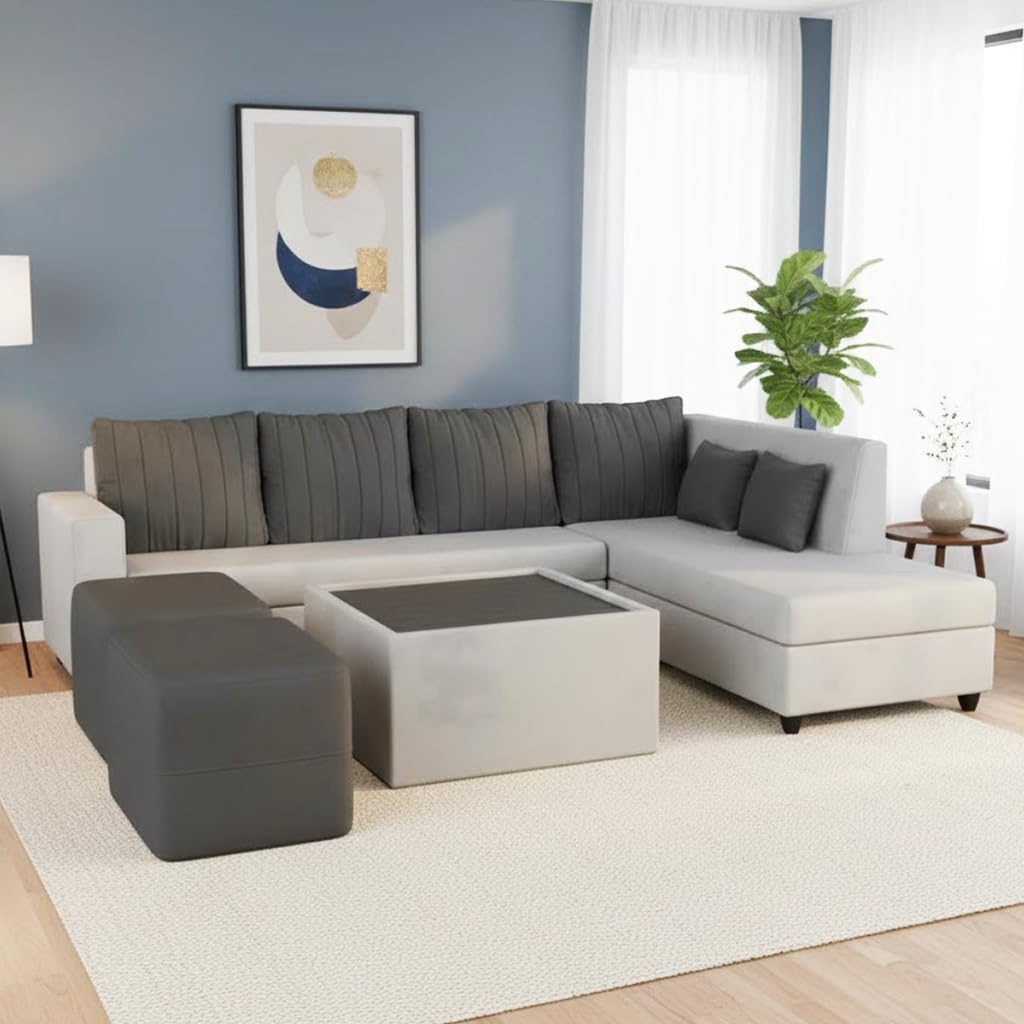 CASASTYLE Stylano 8 Seater Fabric RHS L Shape Sofa Set with 1 Centre Table & 2 Ottoman (Dark Grey-Light Grey) 8-Person Seating with Premium Velvet Finish