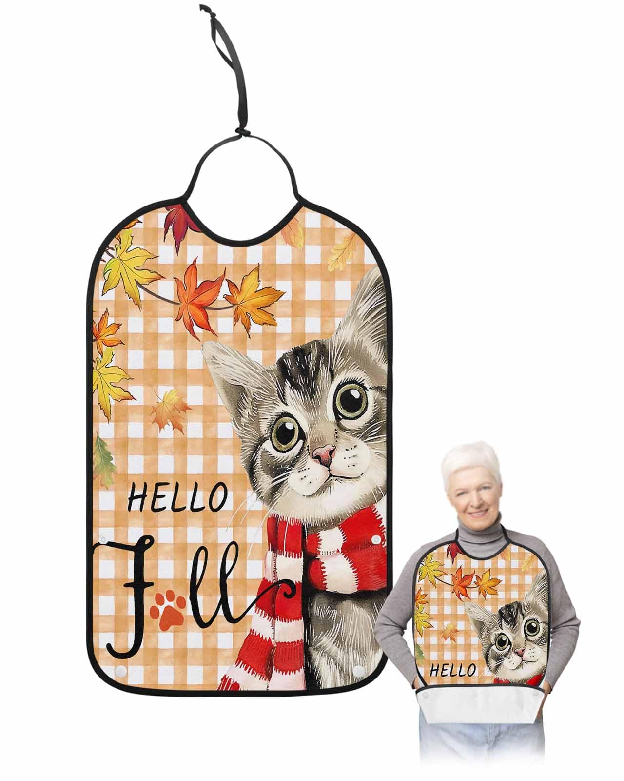 LEOKOTI Hello Fall Cat Adult Bibs for Eating, Waterproof Bibs with Food Catcher & Adjustable Snap Closure, Thanksgiving Maple Leaf Orange Plaid Washable Clothing Protectors Adult Bibs for Elderly