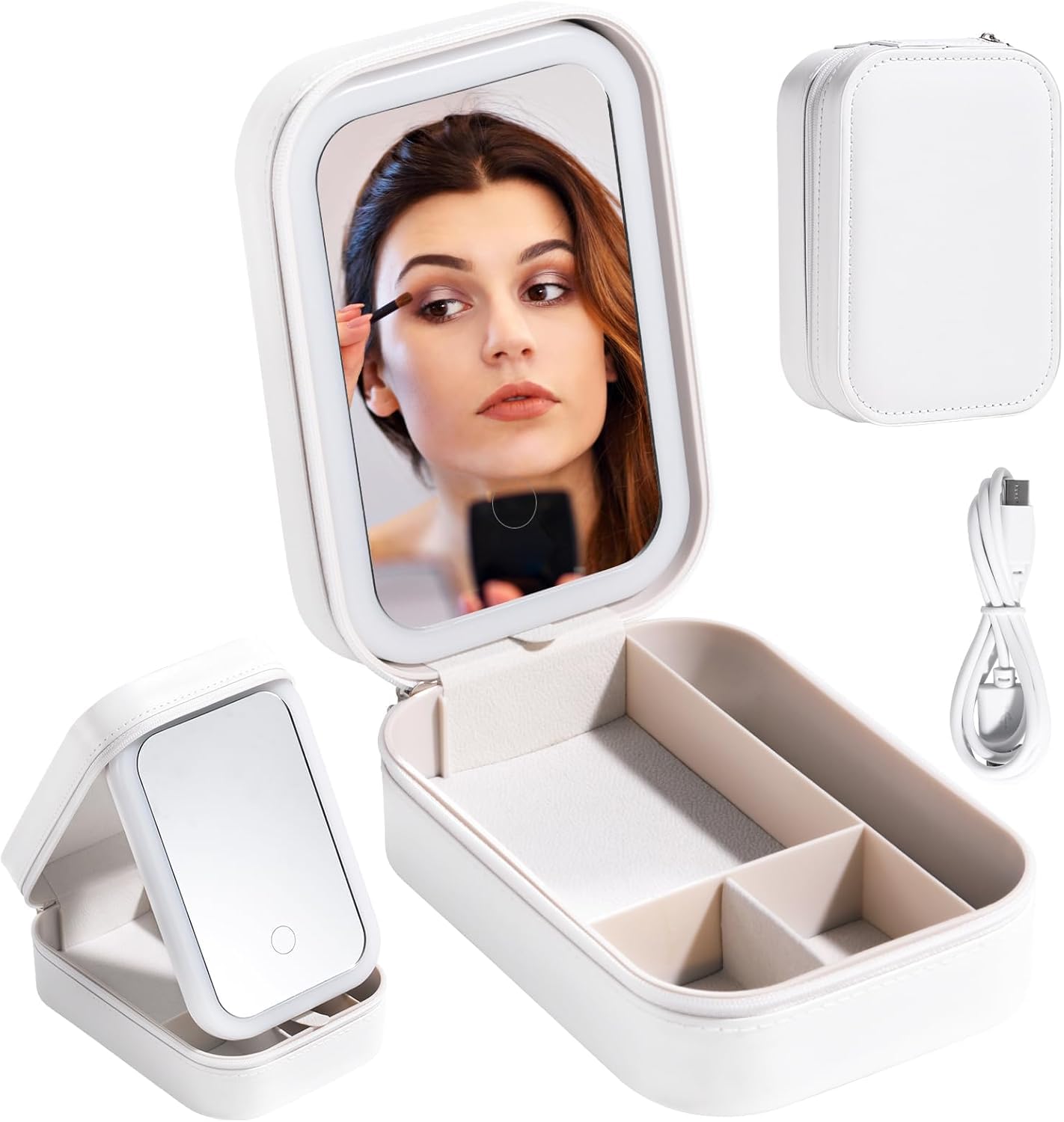GNEY Portable LED Makeup Mirror Box with Storage, Rechargeable Tricolor Light Vanity Mirror, Foldable Cosmetic Organizer with Touch Dimming & Type-C Charging (White)