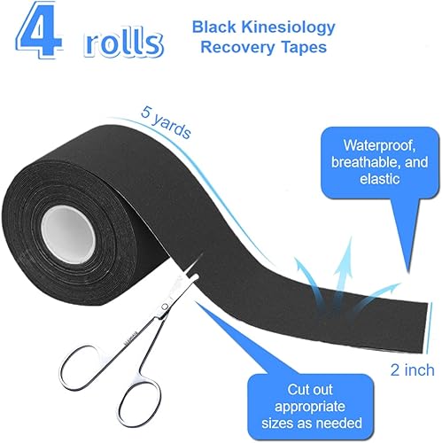 Miniatura 9 de SenseYo Paquete de 4 cintas elásticas transpirables impermeables para recuperación de kinesiología atlética, universales, para gimnasio, fitness,