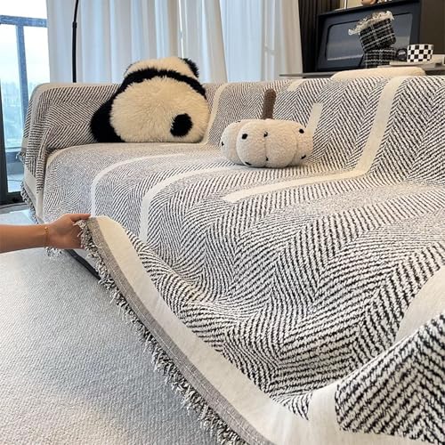 Herringbone Pattern Fringed Chenille Throw Couch Cover - Stretchy Non-Slip Sofa Protector, Washable Pet-Friendly Blanket for Sectional Sofa Cover (Black,180 * 90cm/70.9 * 35.4in)