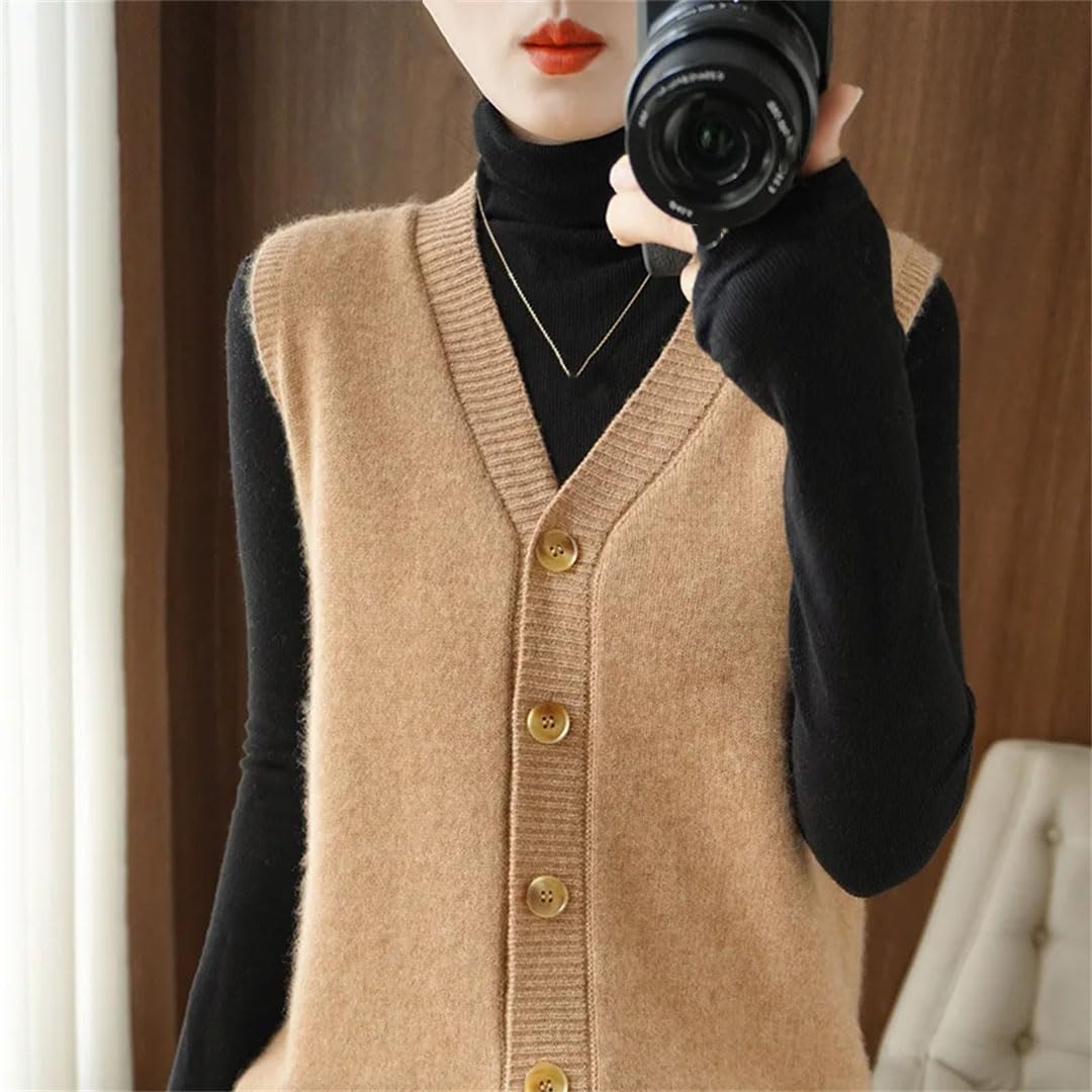Cardigan en laine mélangée pour femme - Col en V - Sans manches - Boutons