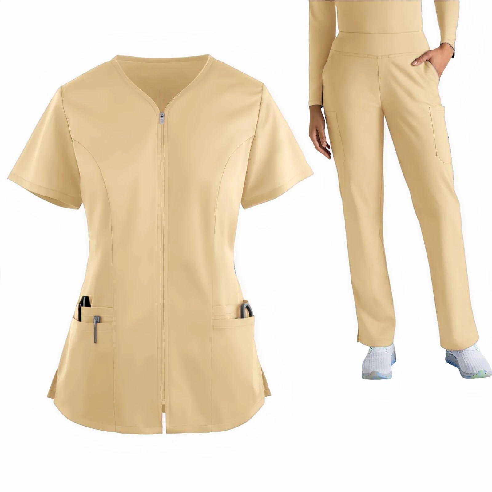 Kasacks Damen Pflege Damen-Krankenschwester-Bekleidungsset, einfarbig, kurze Ärmel, lange Hosen, mehrere Taschen, medizinische Uniform, Arbeitskleidung for das Gesundheitswesen