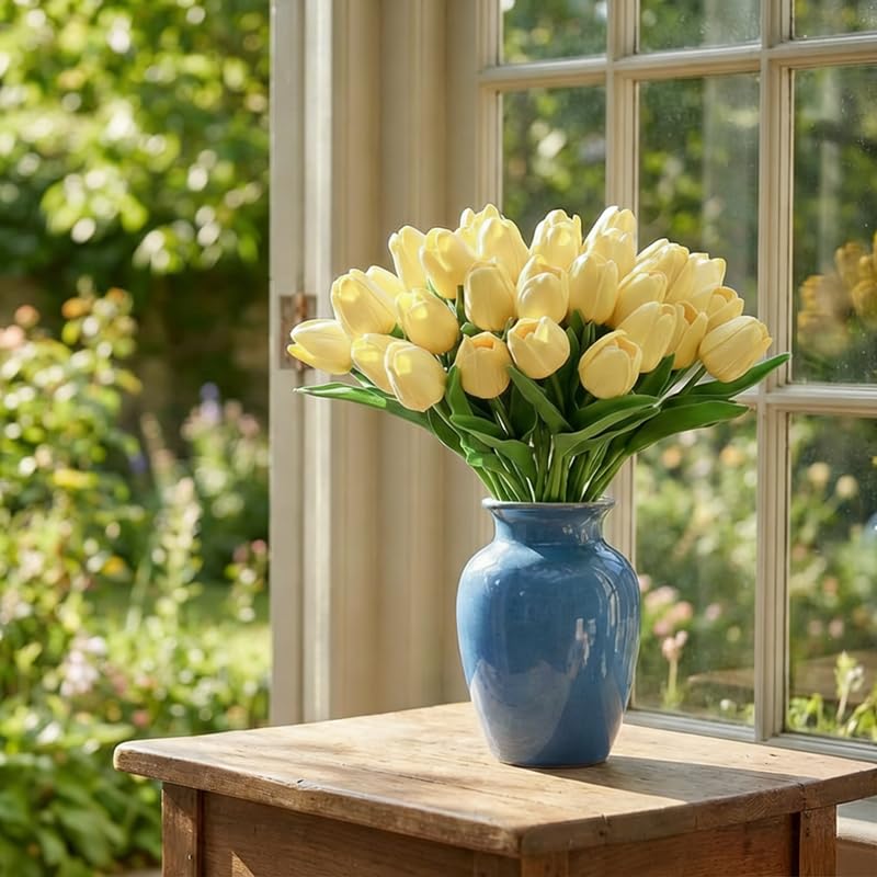 Image of 20Pcs Stems 13.5 Inch Light Yellow PU Artificial Moisturizing Tulips, Faux Tulips Flowers for Thanksgiving Christmas Decorations Wedding Home Table Vase Floral Arrangements