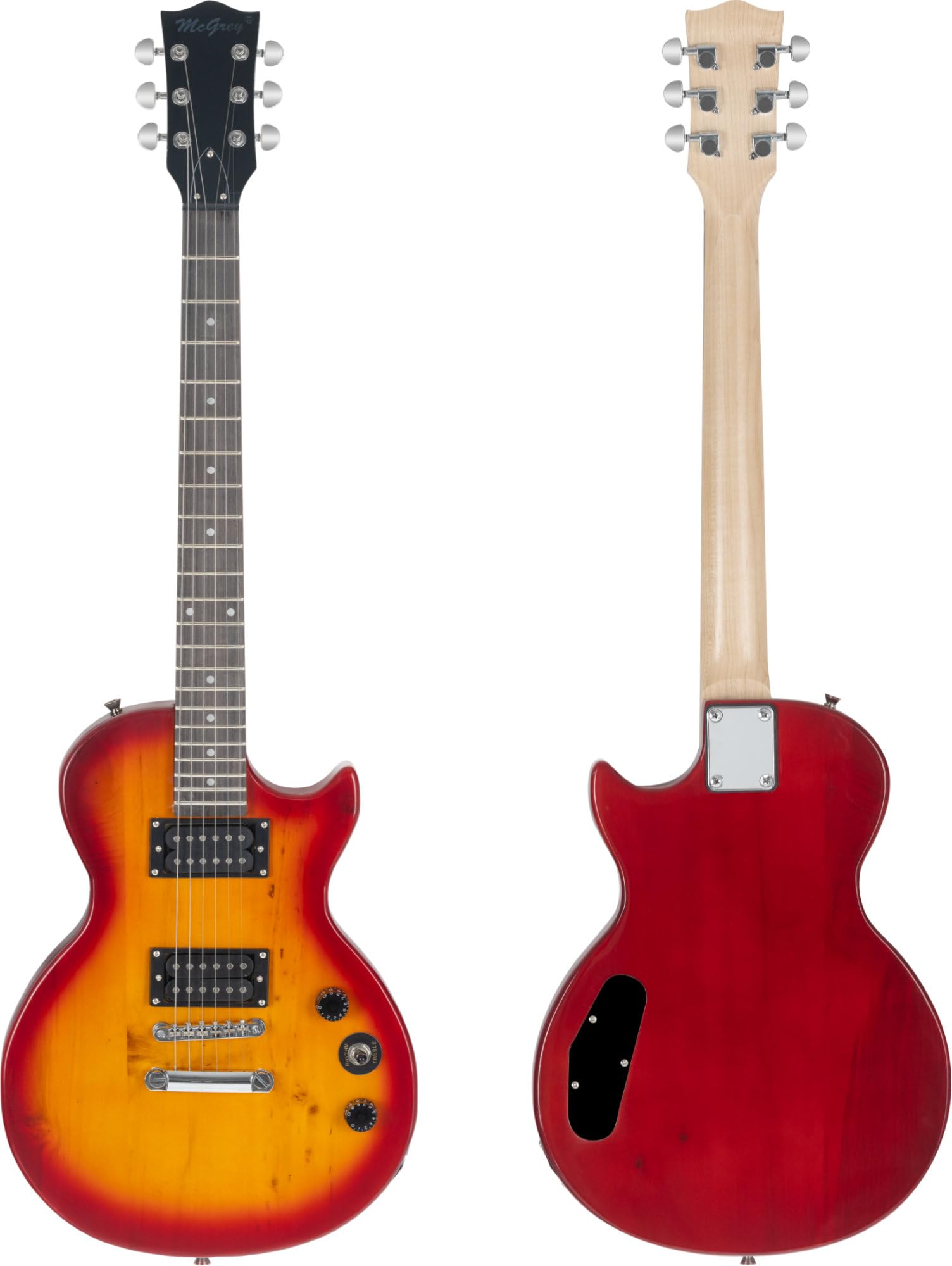 McGrey Rockit Single Cut Komplettset E-Gitarre (8-teiliges Anfängerset mit Gitarre, Verstärker, Ersatzsaiten, Gitarrentasche, Stimmgerät, Plektren, Gurt und Gitarrenkabel) Orange Burst