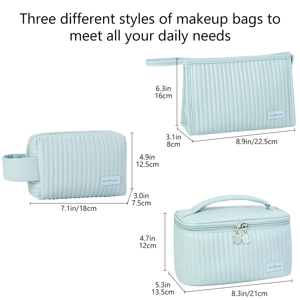 Linpr Makeup Bag 3 Pcs Cosmetic Bags Set, PU Striped Leather Toiletry Bag, Portable Waterproof Travel Makeup Organizer - Image 3