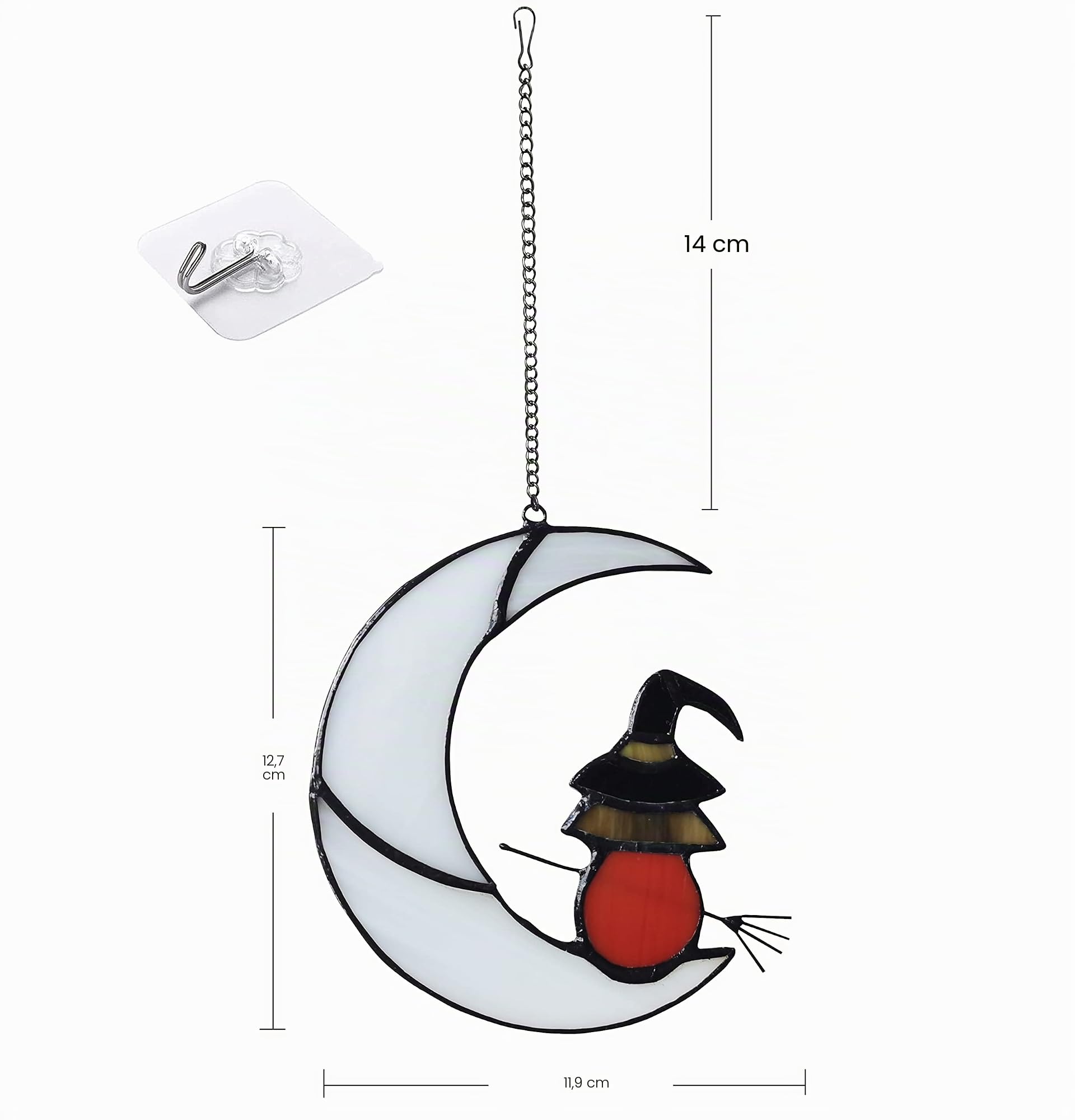 Zauberhexe auf Mond Glasfenster-Hängetafel, Sonnenfänger für Fenster, Hexendekoration reitend Mondgesicht Sonnenfänger Halloween-Ornament.