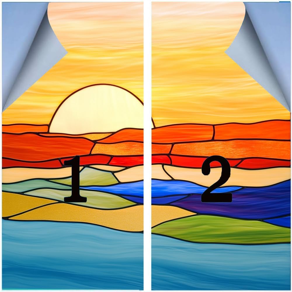 Colorful Ocean Landscape Stained Glass Window Stickers Abstract Geometric Waves Sunset Privacy Window Film Glass Door Covering Self-Adhesive Decals for Bathroom Kitchen 31.5Wx47.2L inch x 2pcs