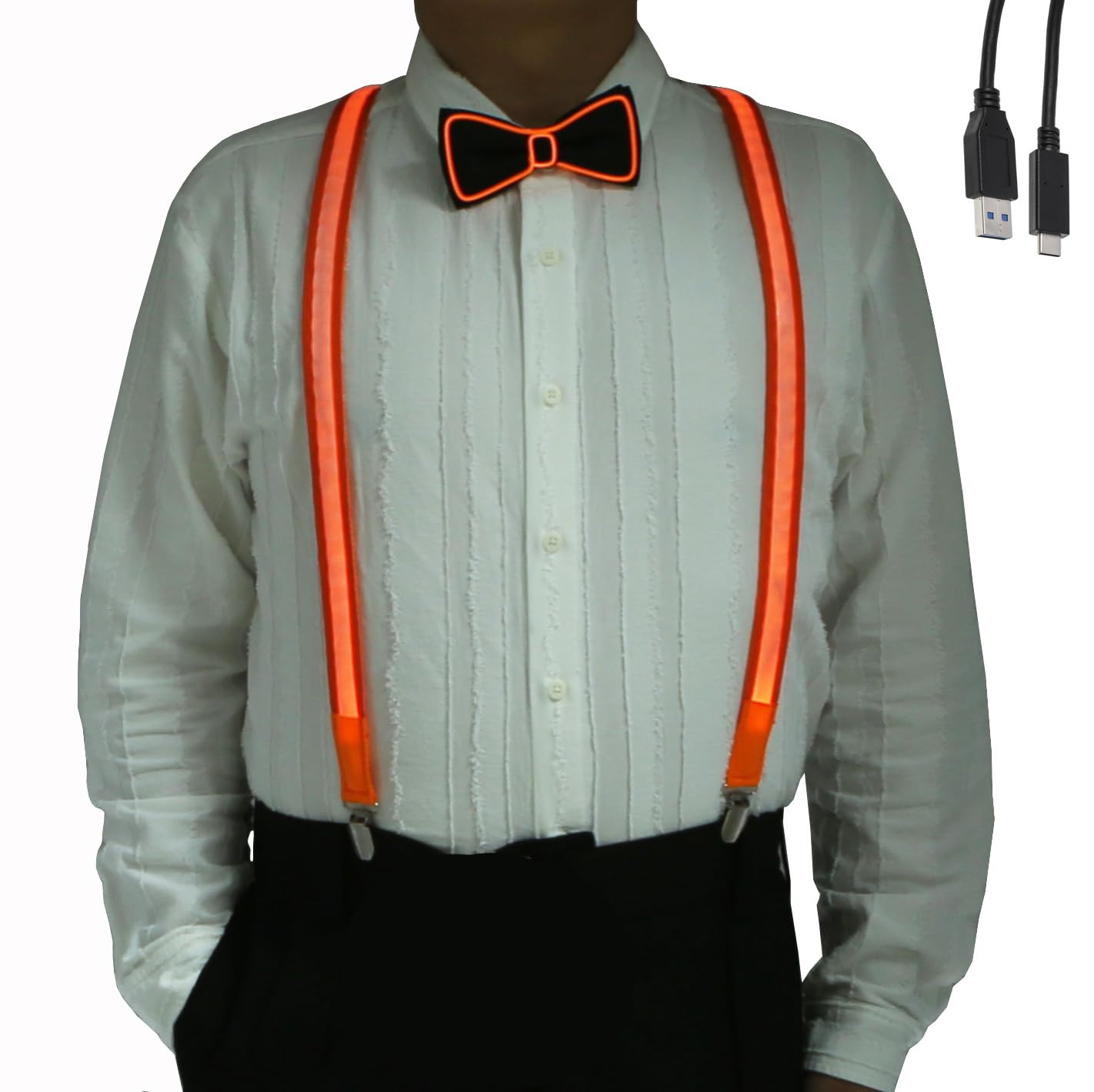 Brejkdo Light Up Men's LED Suspenders and Bow Tie - 2pcs/Combo - Rechargeable Edition of Suspenders, Perfect for Dance Party (Orange)